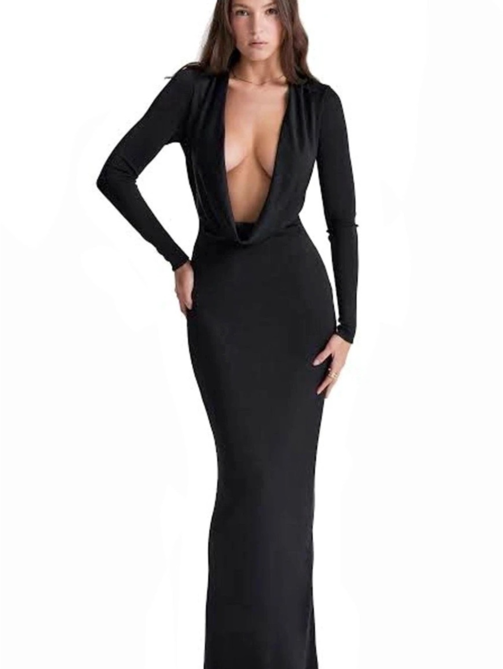 Oh Polly Mariposa Plunge Cowl Neck Floor Length Dress Black